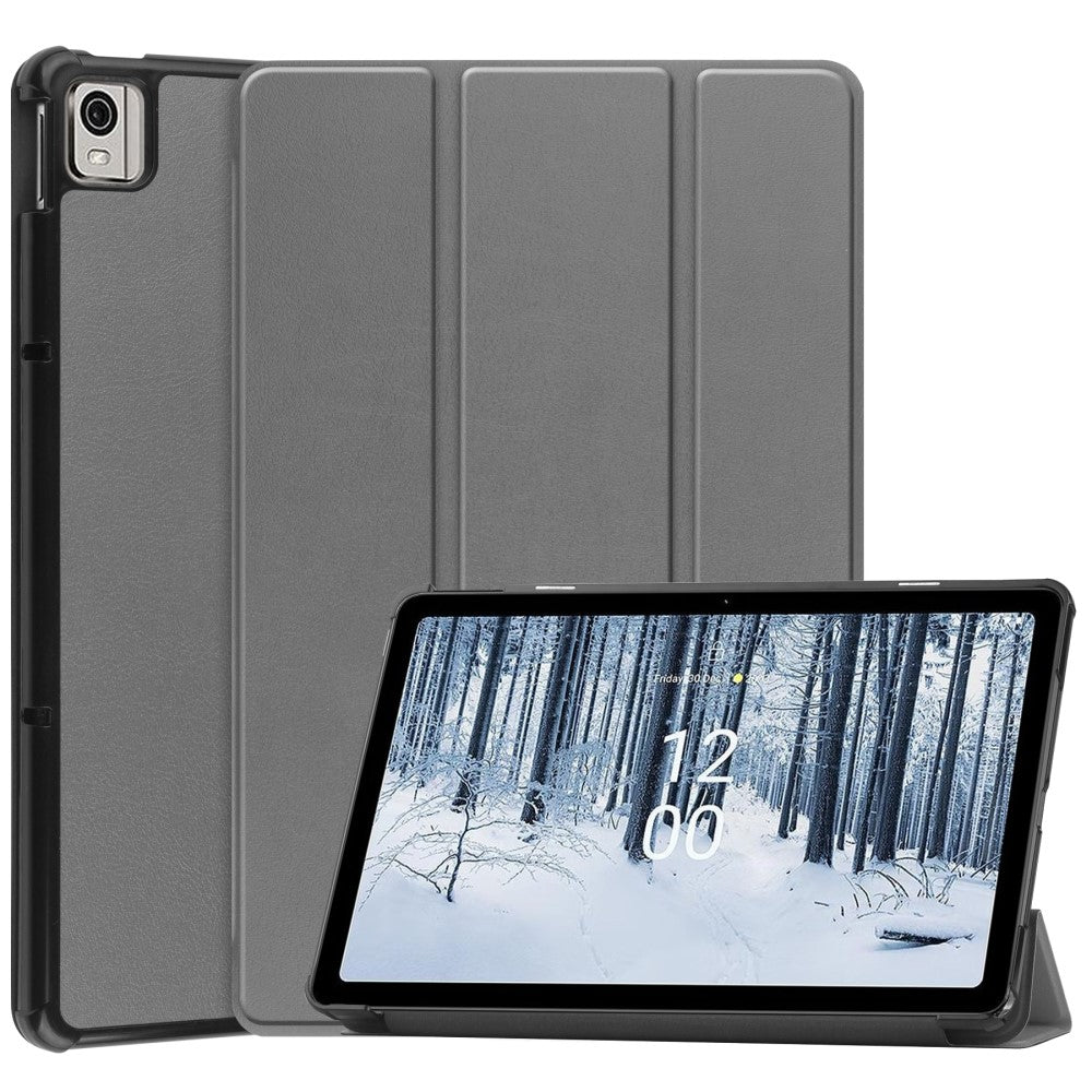 Tri-fold Leather Stand Case for Nokia T21 - Grey