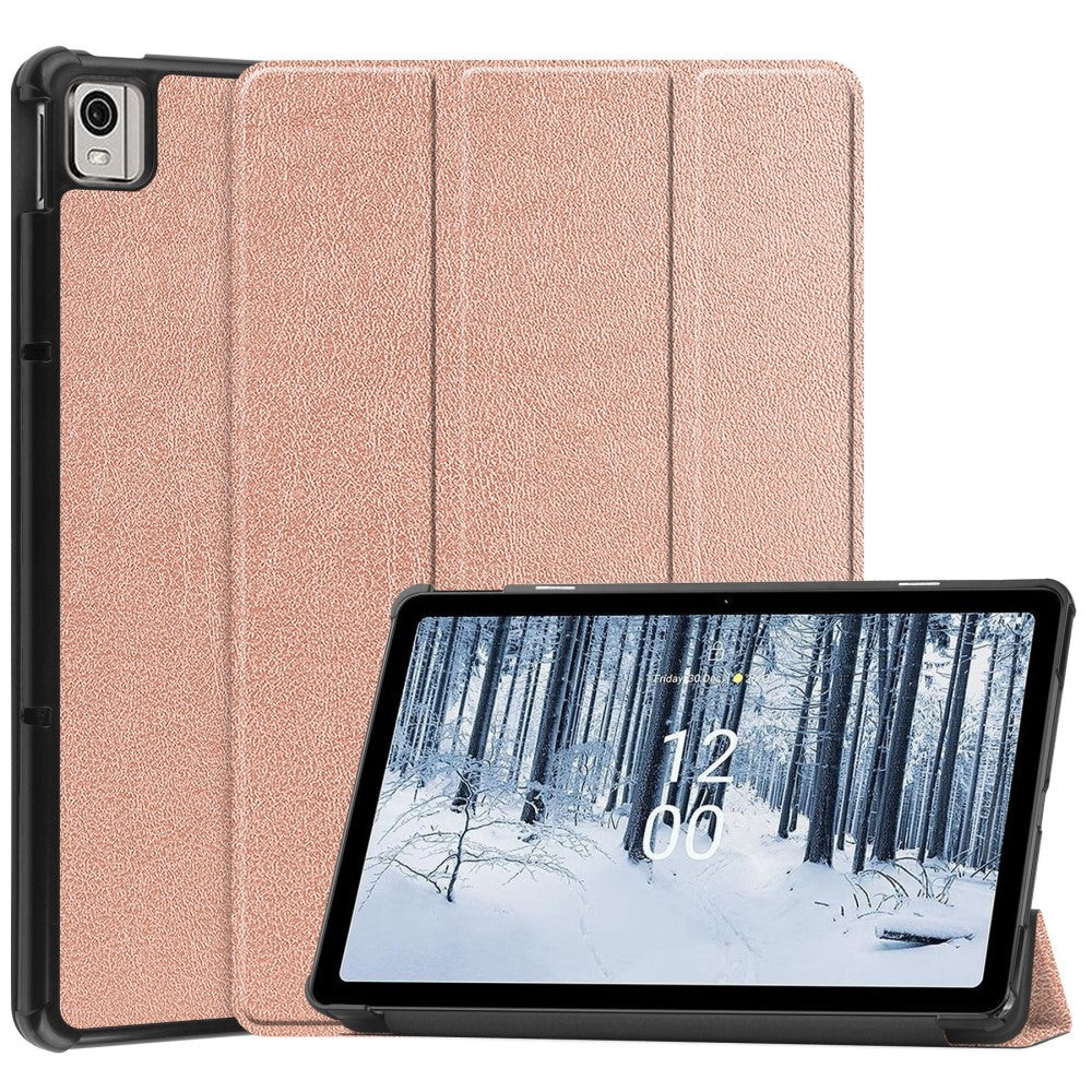 Tri-fold Leather Stand Case for Nokia T21 - Rose Gold