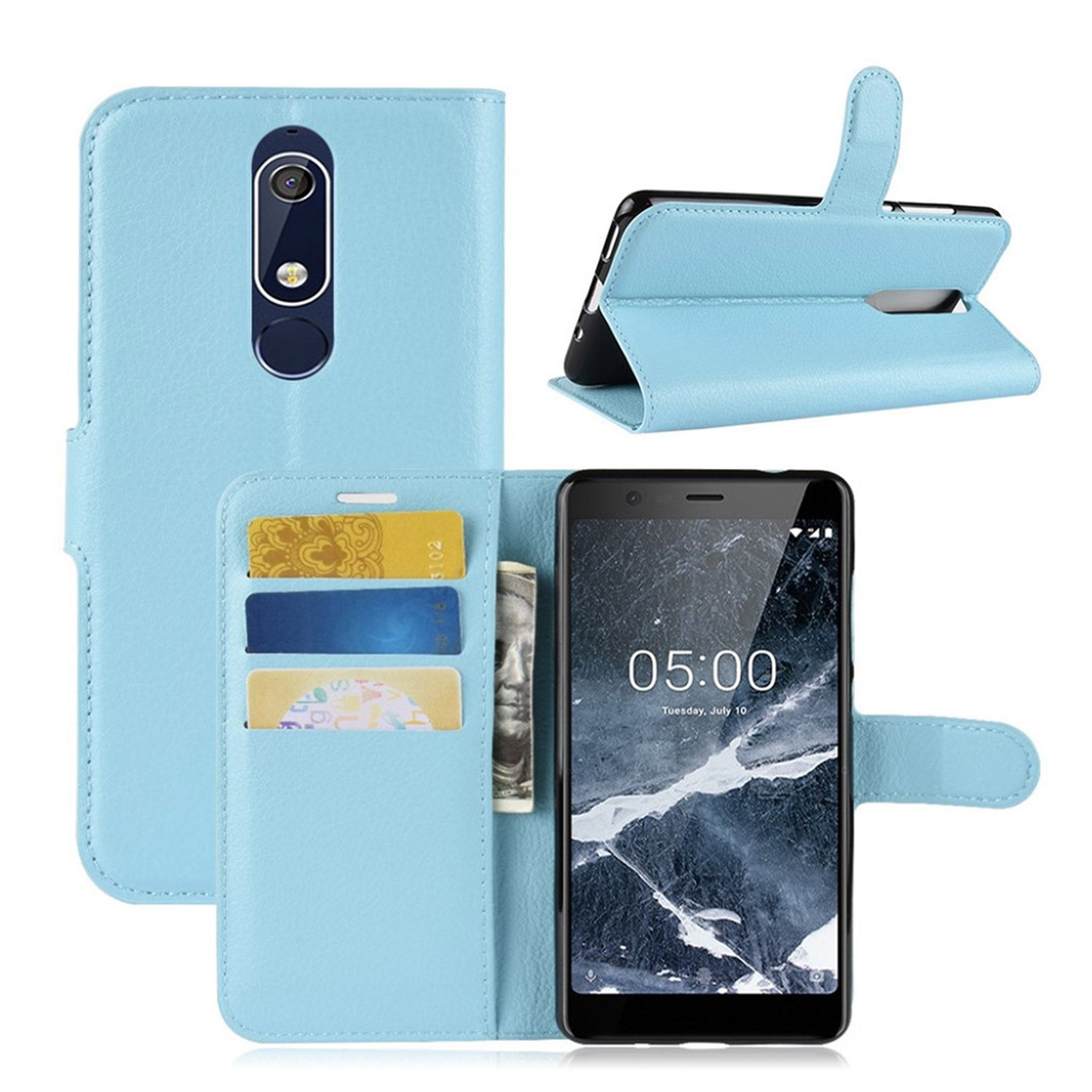 Nokia 5.1 litchi skin leather flip case - Blue