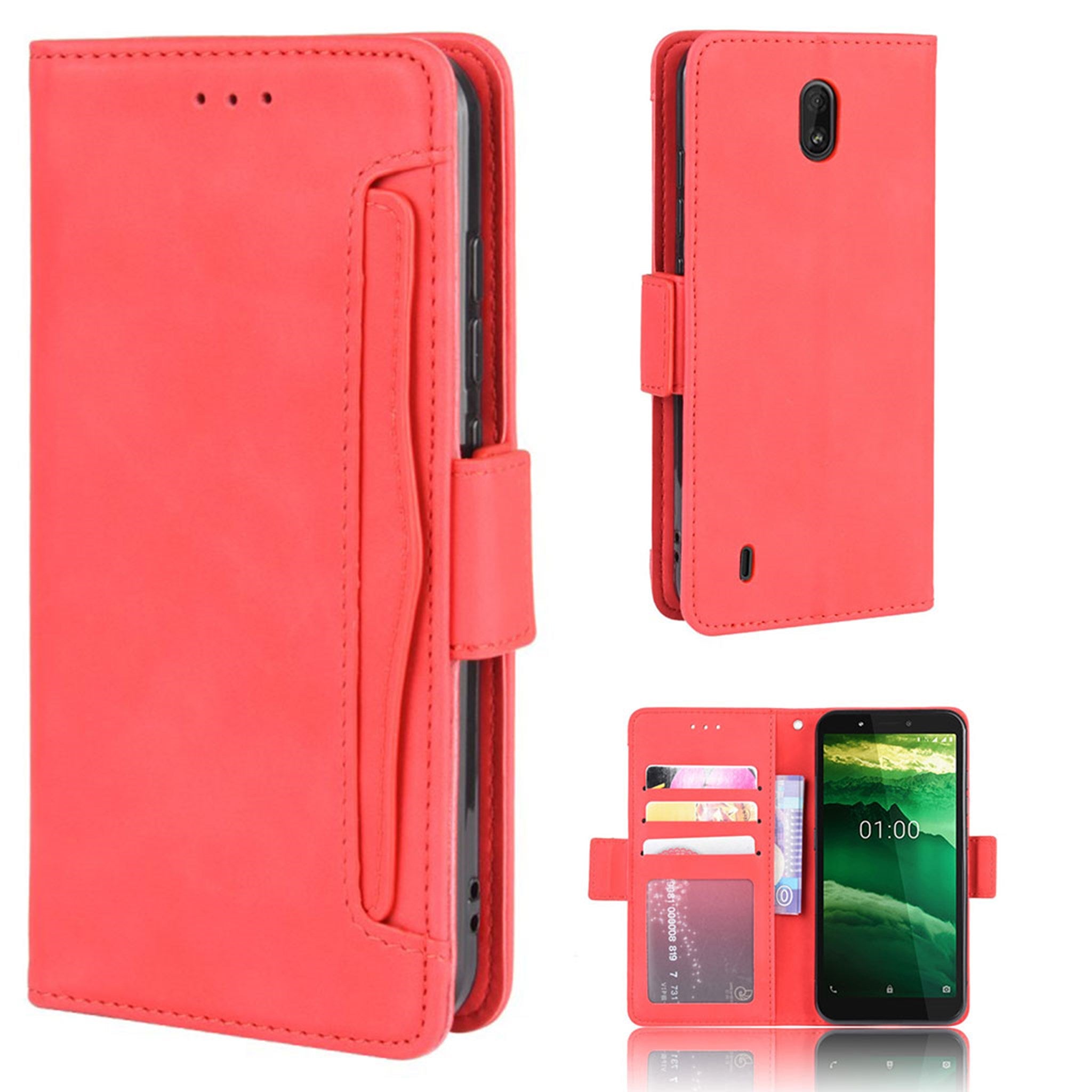 Modern-styled leather wallet case for Nokia C1 - Red