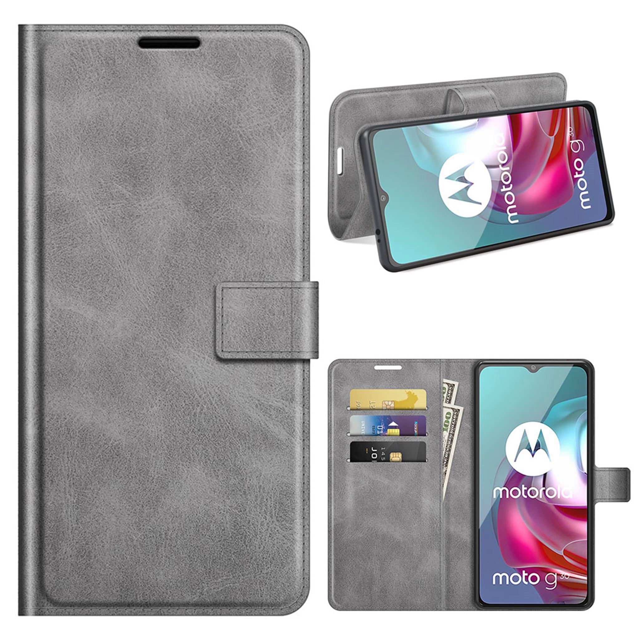 Wallet-style leather case for Motorola Moto G30 / G10 - Grey