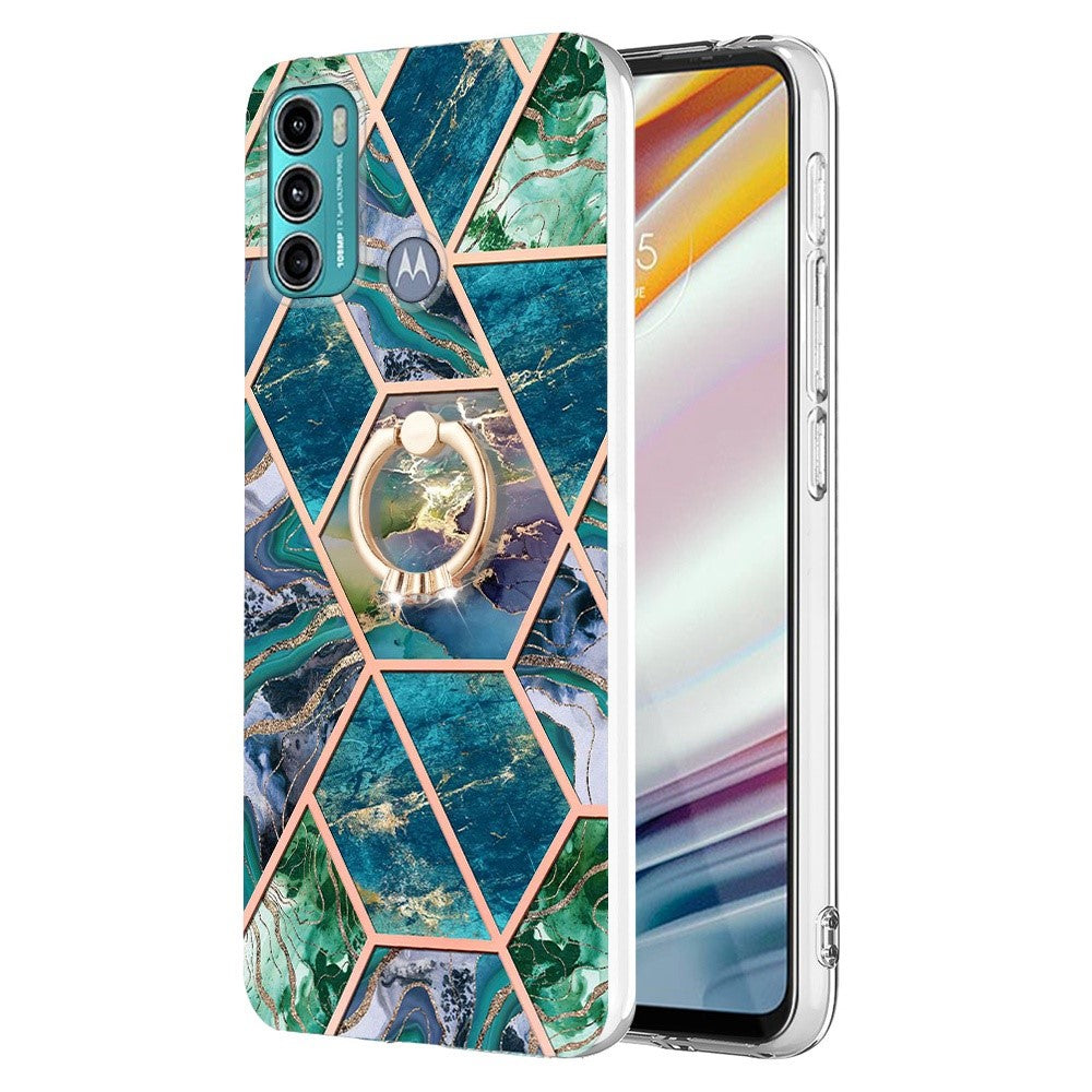 Marble patterned cover with ring holder for Motorola Moto G40 Fusion / G60 - Blue / Green