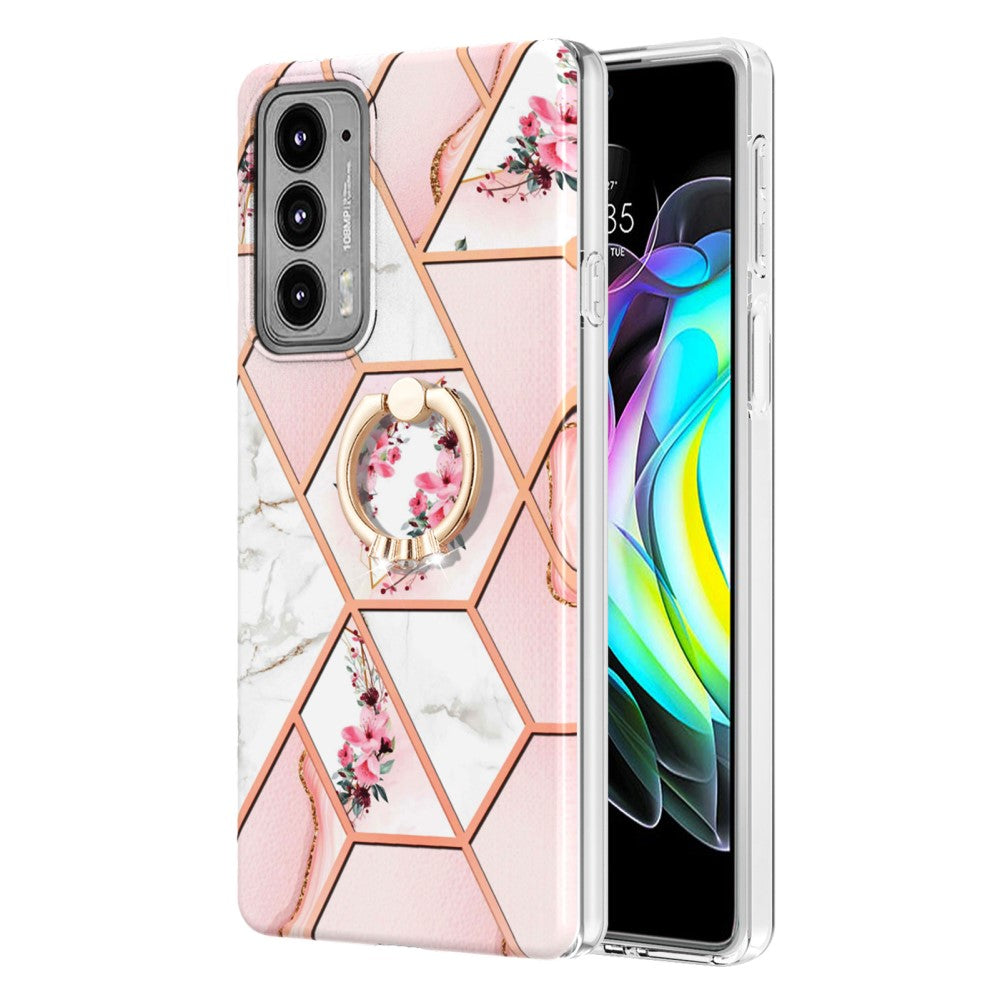 Marble patterned cover with ring holder for Motorola Edge 20 - Pink Flowers