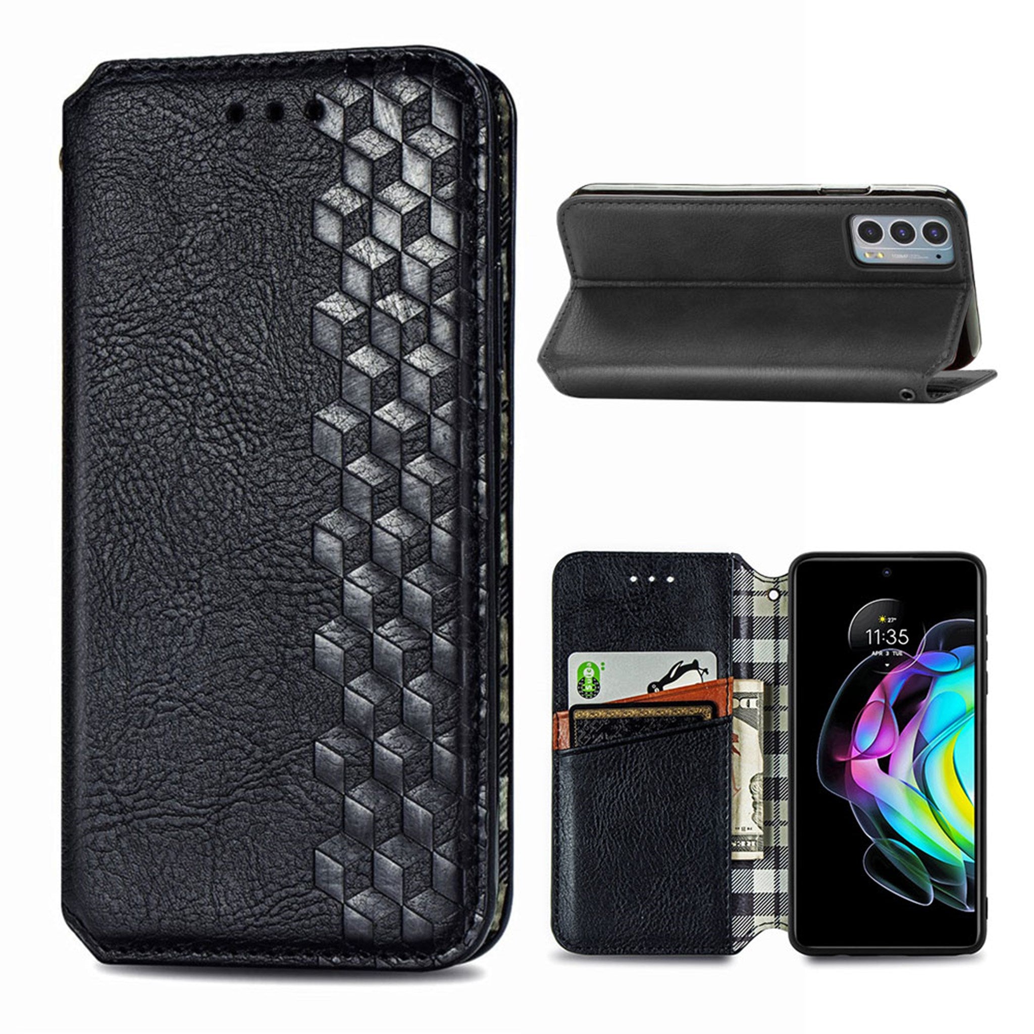 Leather case with a stylish rhombus imprint for Motorola Edge 20 - Black