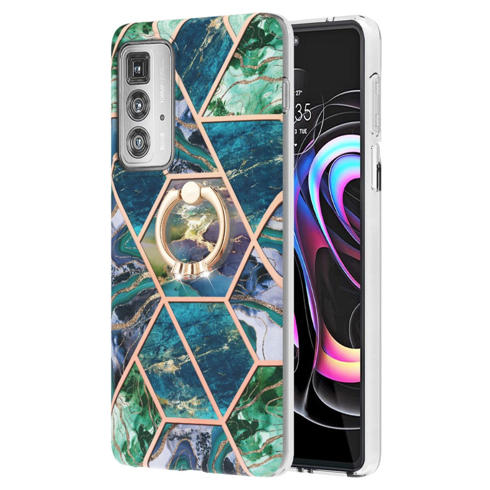 Marble patterned cover with ring holder for Motorola Edge 20 Pro - Blue / Green