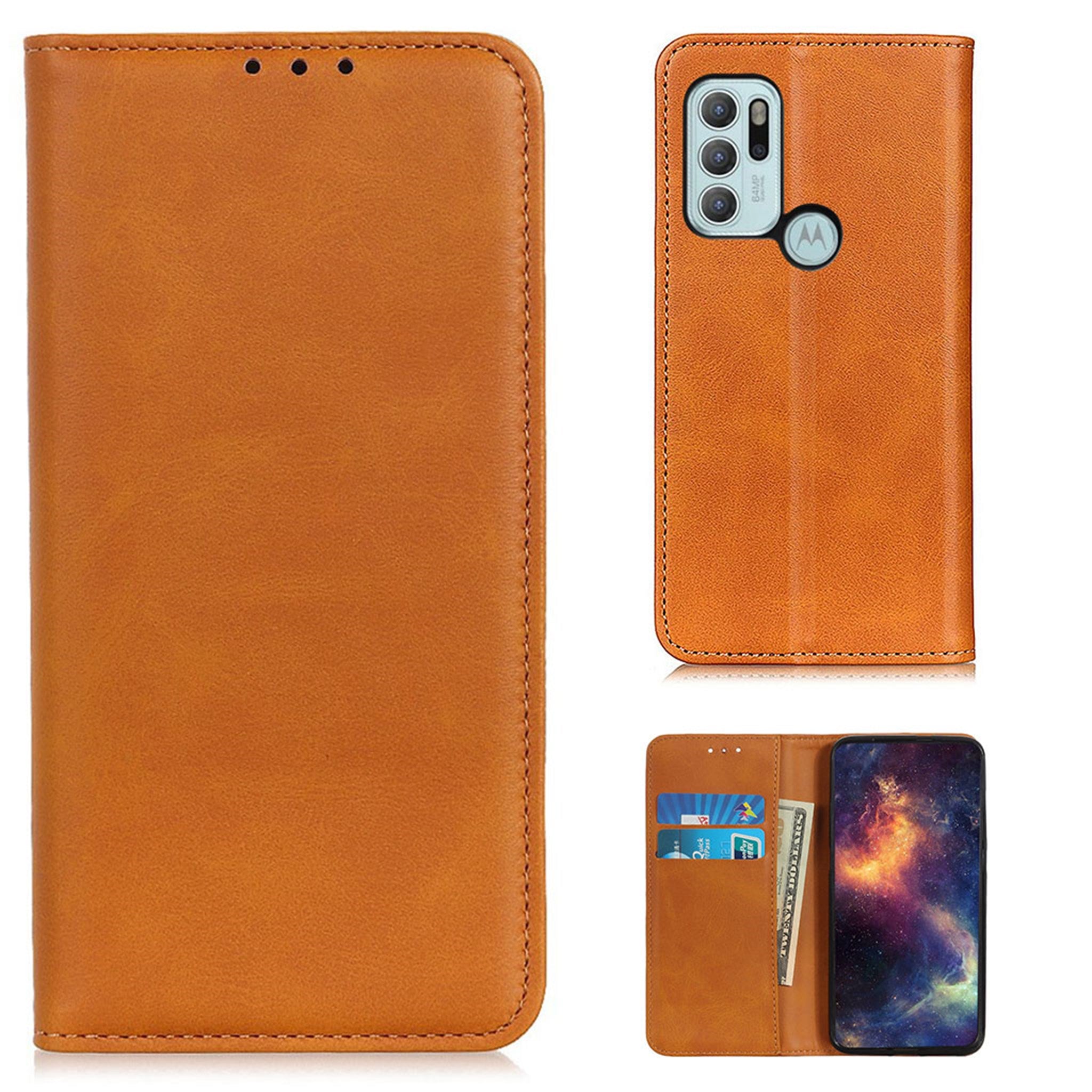 Wallet-style genuine leather flipcase for Motorola Moto G60s - Brown