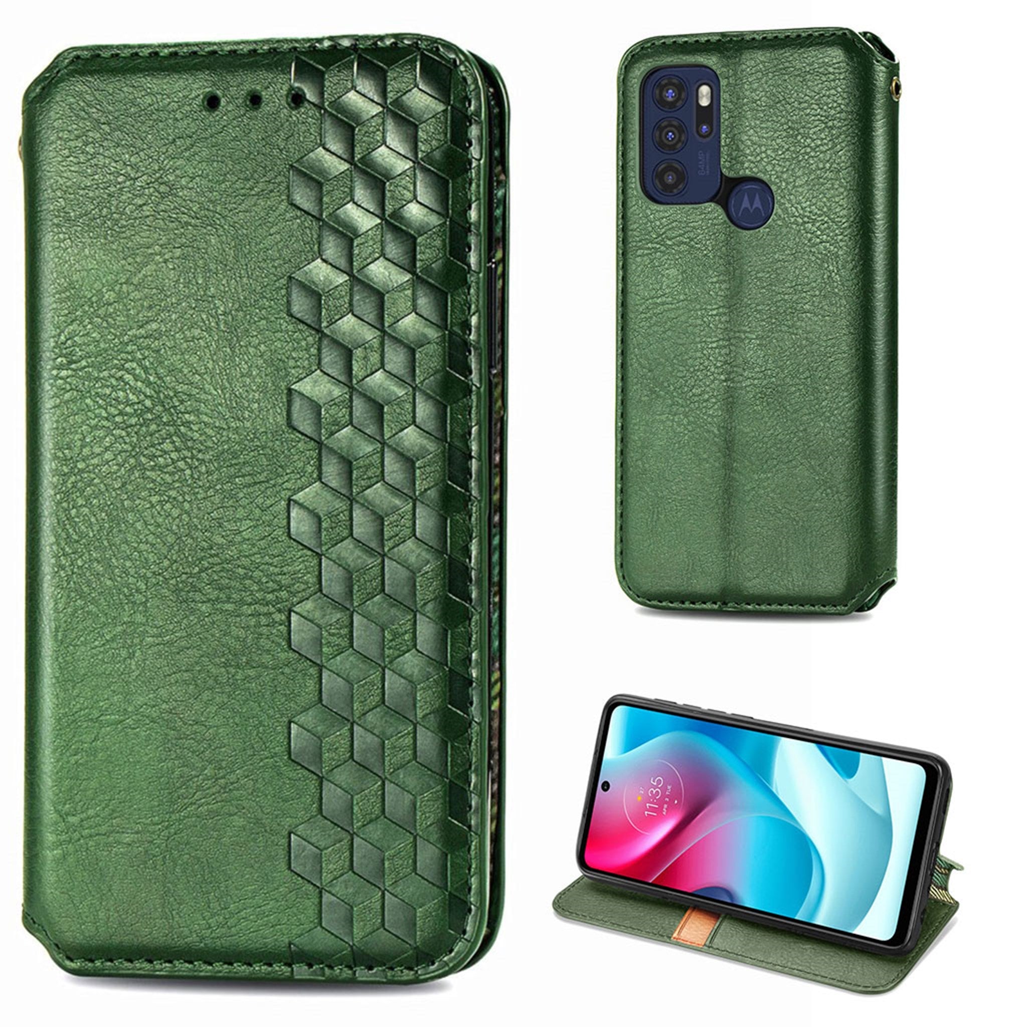 Leather case with a stylish rhombus imprint for Motorola Moto G60S - Green