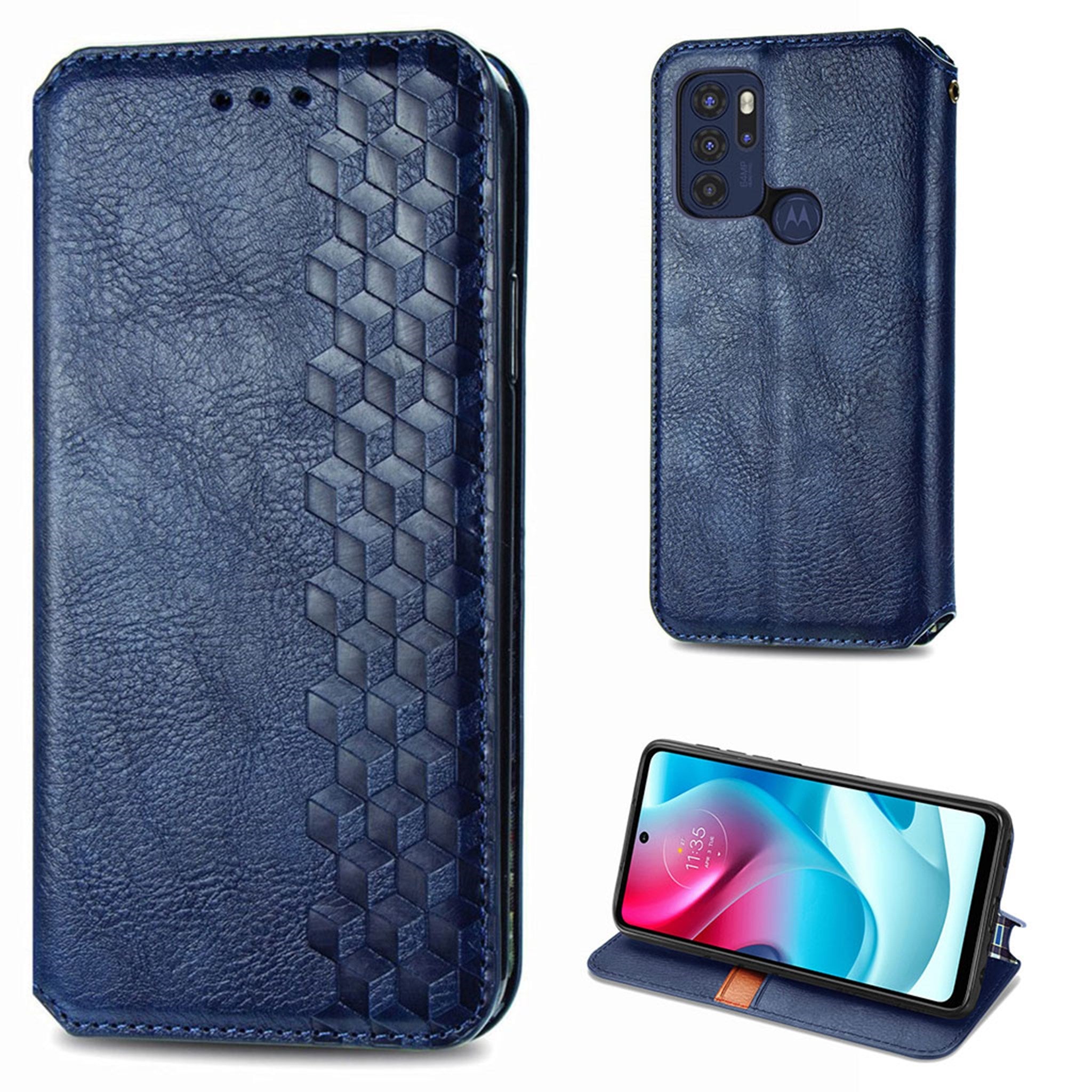 Leather case with a stylish rhombus imprint for Motorola Moto G60S - Blue
