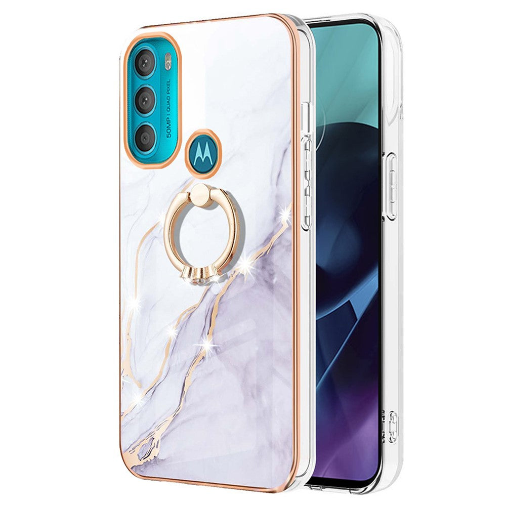 Marble patterned cover with ring holder for Motorola Moto G71 5G - White Marble Haze