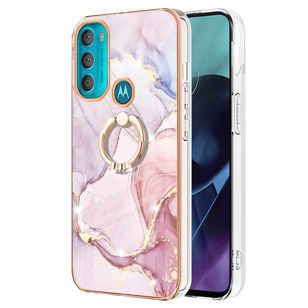 Marble patterned cover with ring holder for Motorola Moto G71 5G - Rose Gold Marble Haze