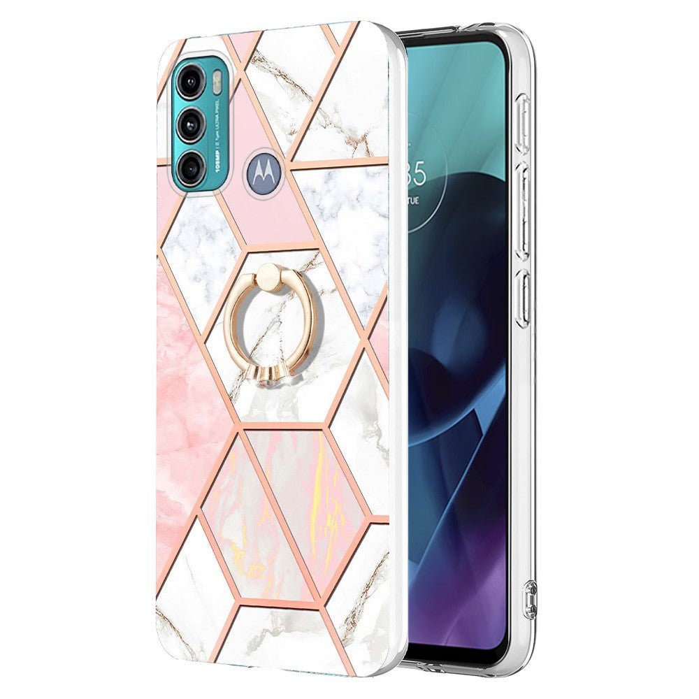 Marble patterned cover with ring holder for Motorola Moto G71 5G - Pink / White