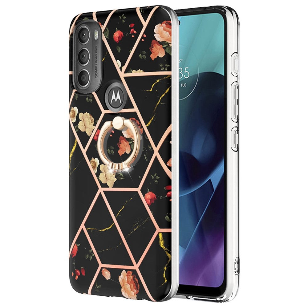 Marble patterned cover with ring holder for Motorola Moto G71 5G - Black Flowers