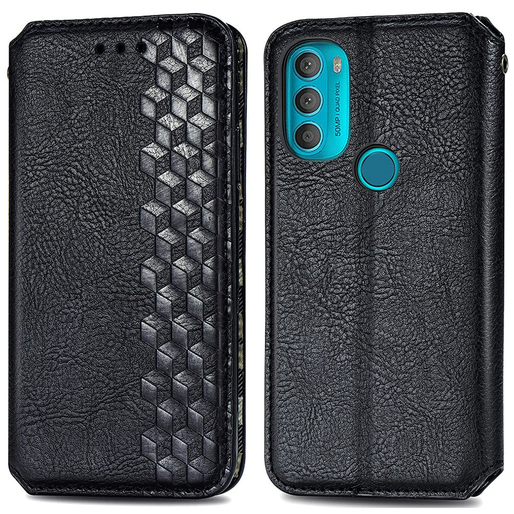 Leather case with a stylish rhombus imprint for Motorola Moto G71 5G - Black