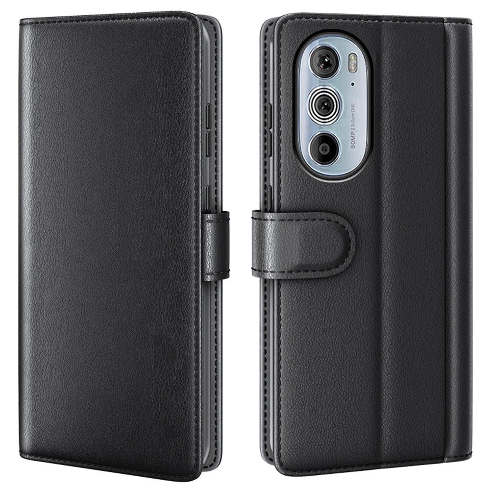 Genuine leather case with credit card slots for Motorola Edge 30 Pro - Black