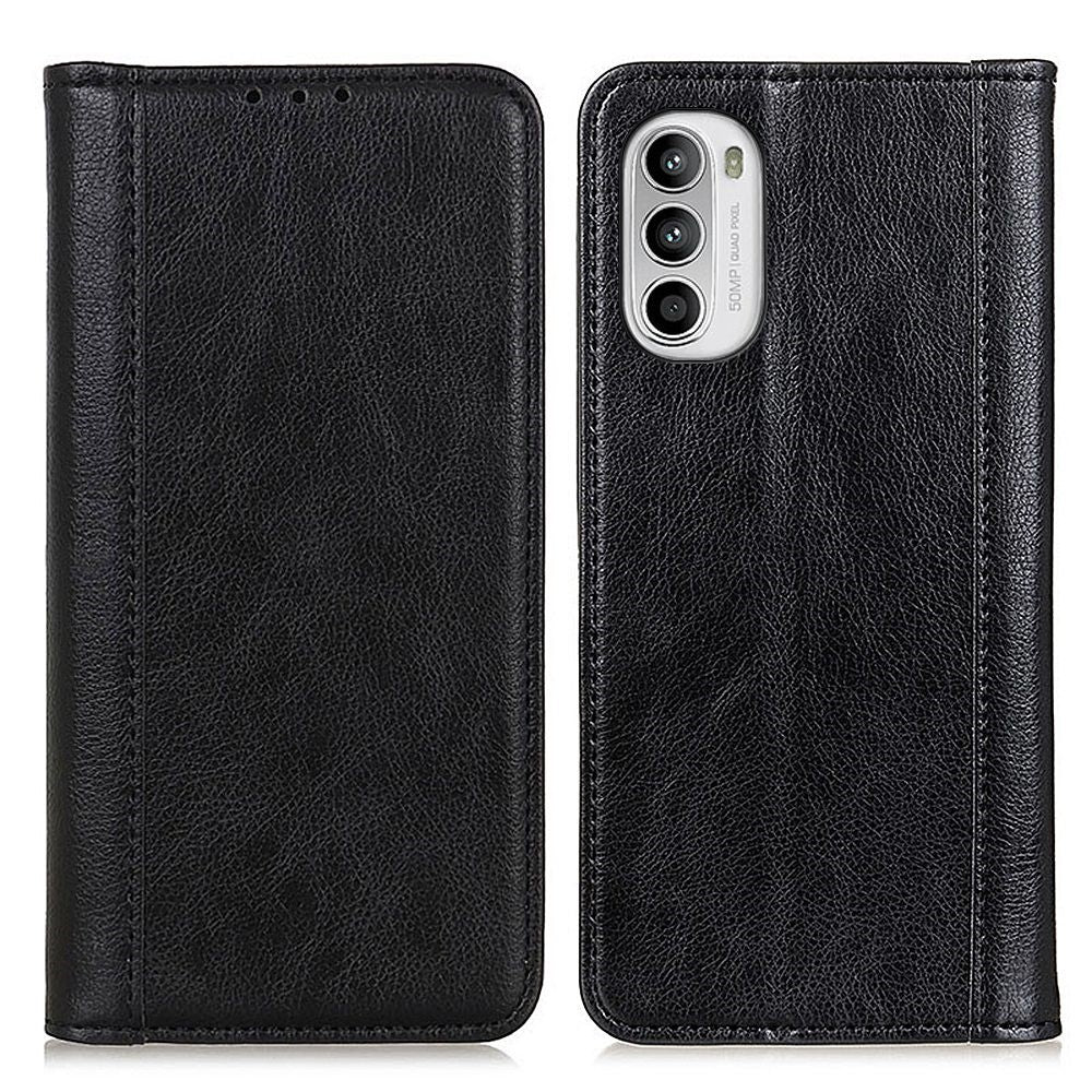 Genuine leather case with magnetic closure for Motorola Moto G52 - Black