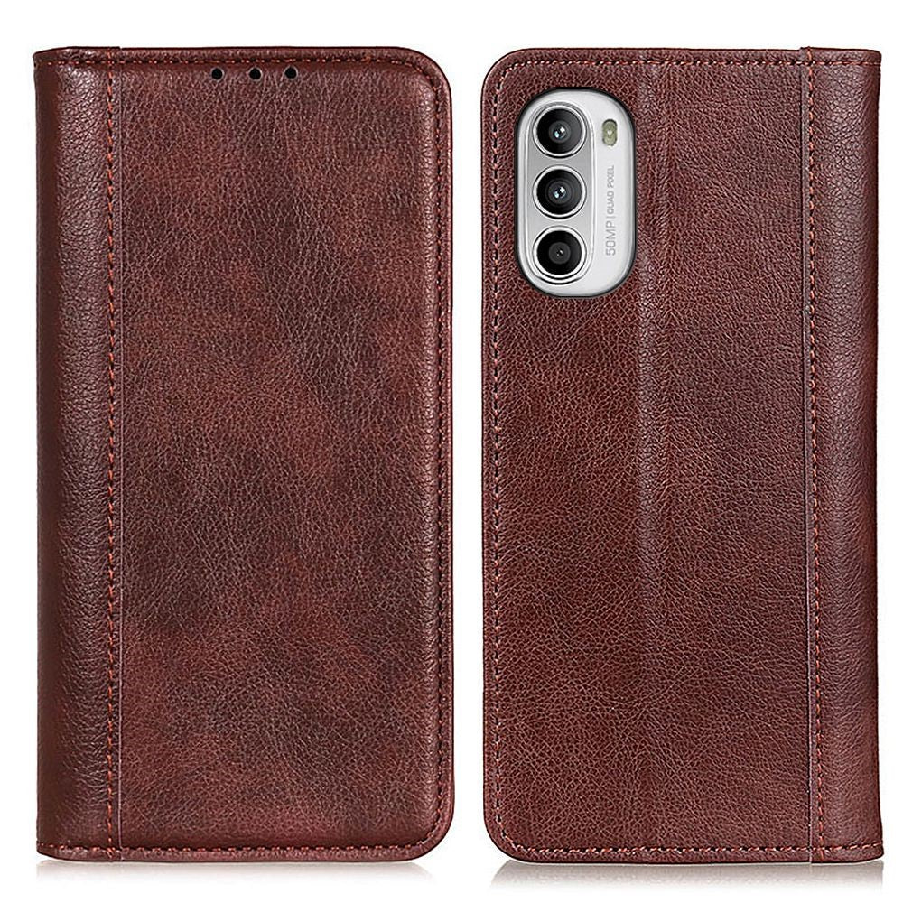 Genuine leather case with magnetic closure for Motorola Moto G52 - Brown