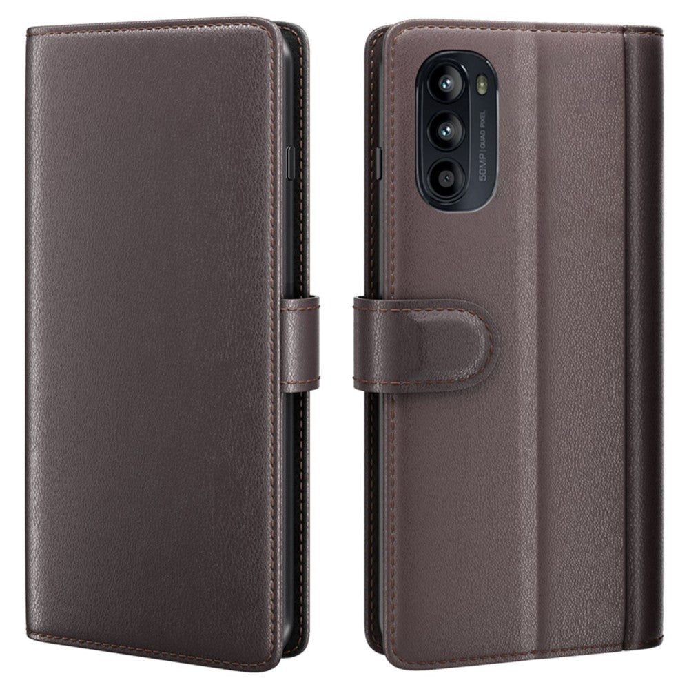 Genuine leather case with credit card slots for Motorola Moto G52 - Brown