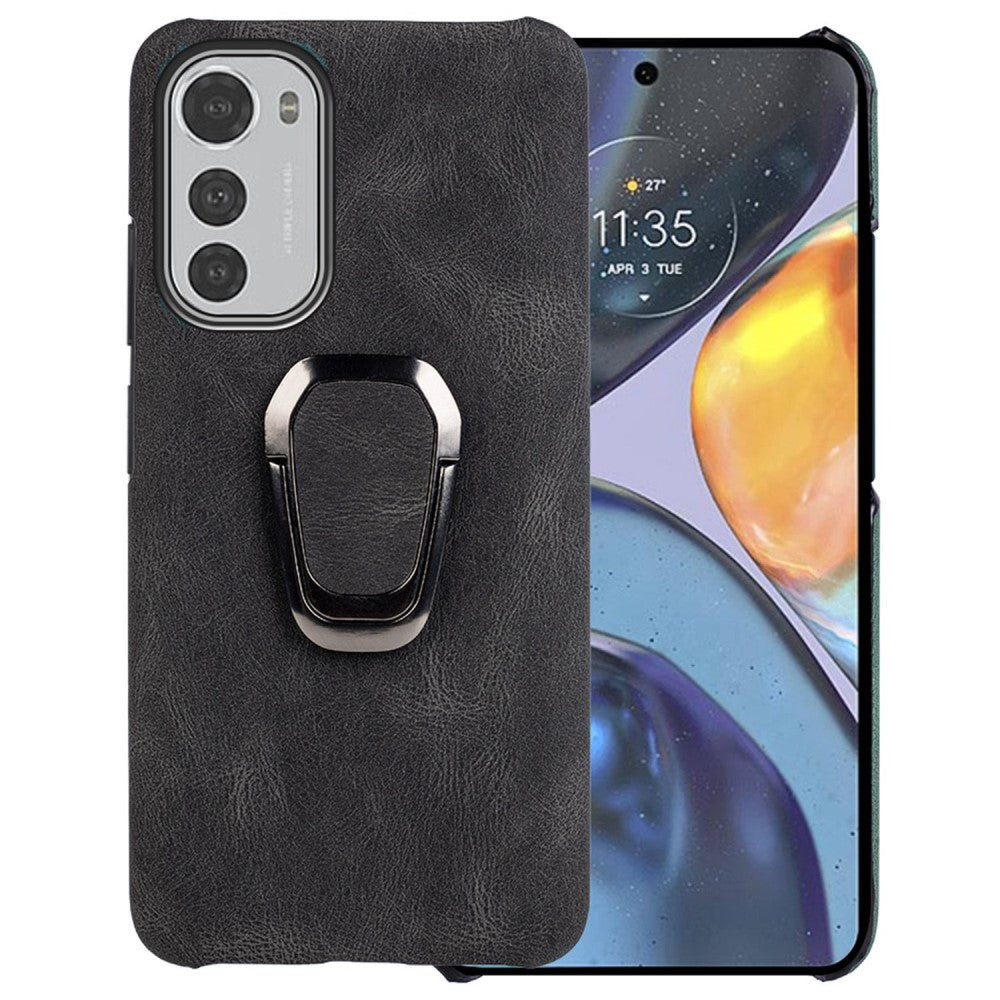 Shockproof leather cover with oval kickstand for Motorola Moto E32 - Black