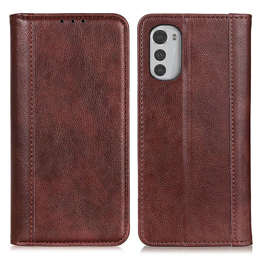 Genuine leather case with magnetic closure for Motorola Moto E32 - Brown