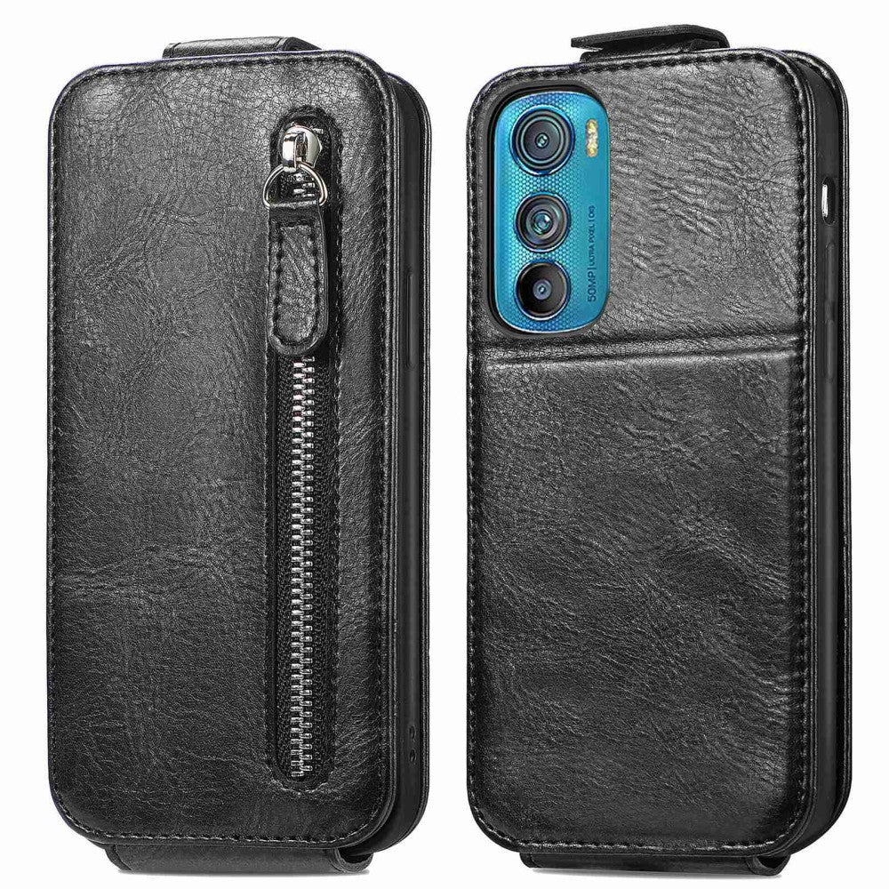 Vertical flip phone case with zipper for Motorola Edge 30 - Black