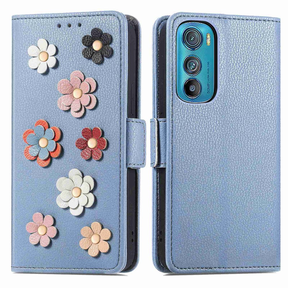 Soft flower decor leather case for Motorola Edge 30 - Blue