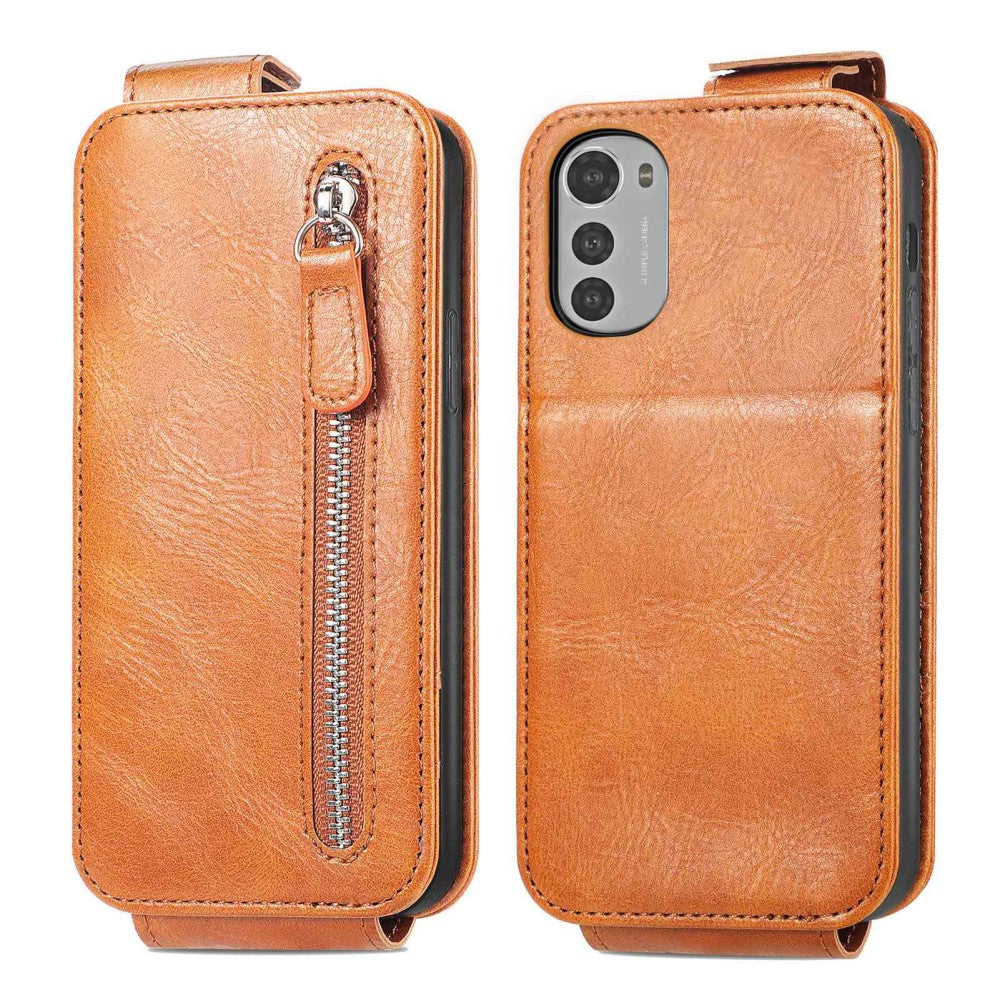 Vertical flip phone case with zipper for Motorola Moto E32s / E32 / G22 - Brown