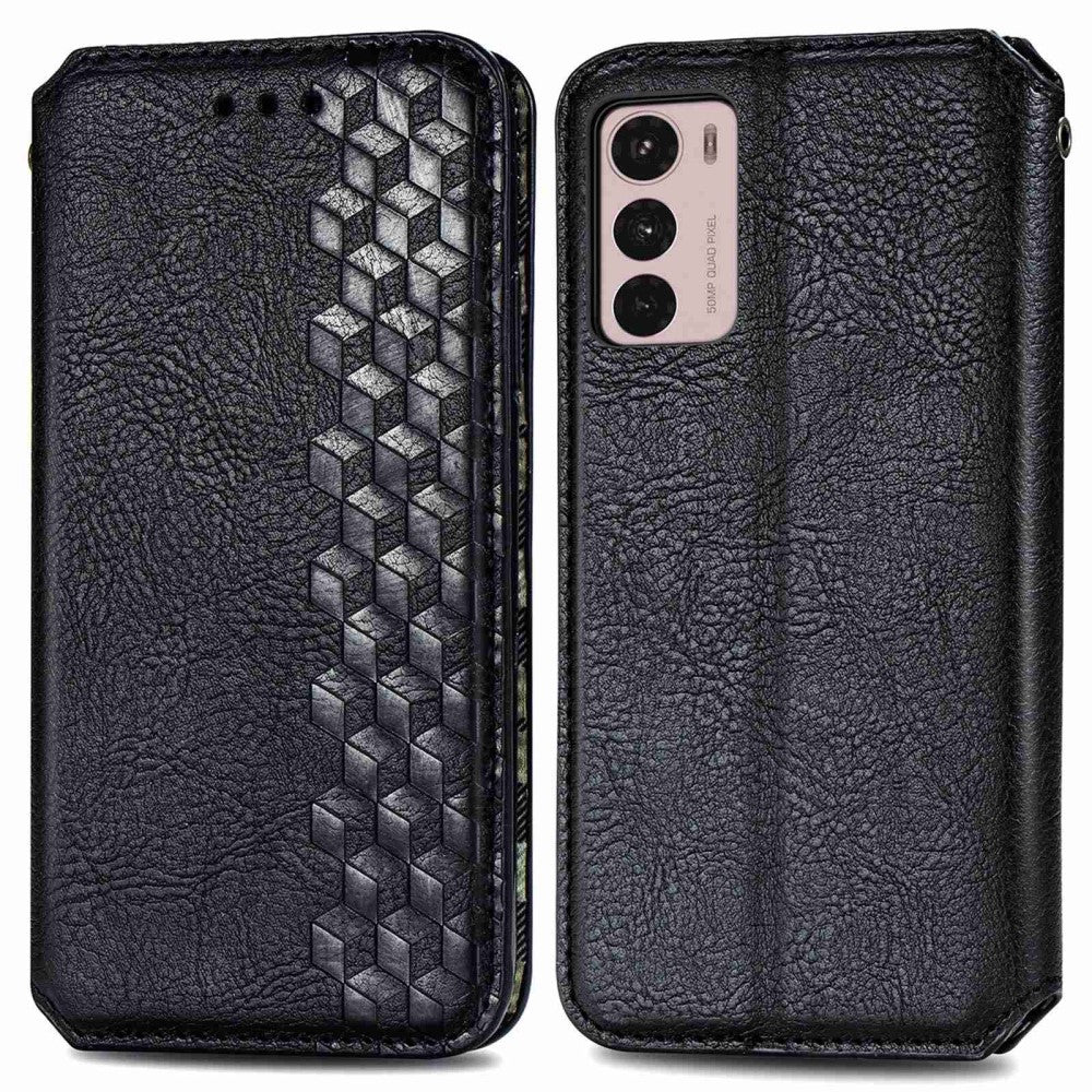 Leather case with a stylish rhombus imprint for Motorola Moto G42 - Black