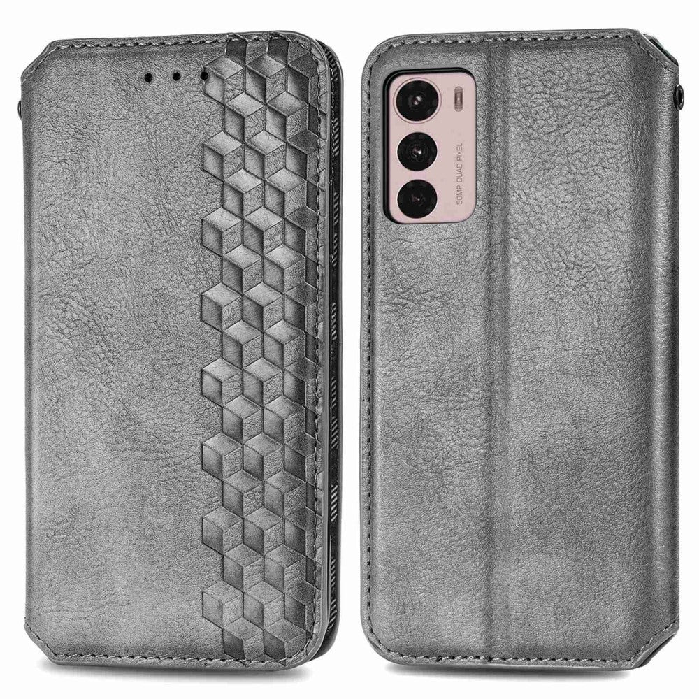 Leather case with a stylish rhombus imprint for Motorola Moto G42 - Grey