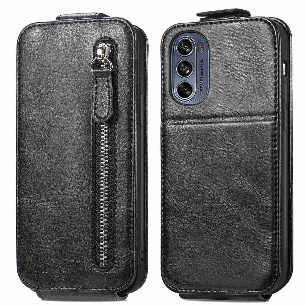 Vertical flip phone case with zipper for Motorola Moto G62 5G - Black