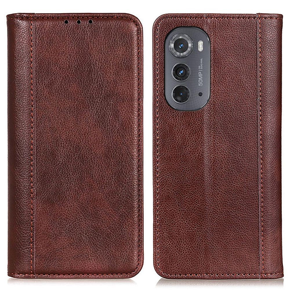 Genuine leather case with magnetic closure for Motorola Moto Edge 2022 - Brown