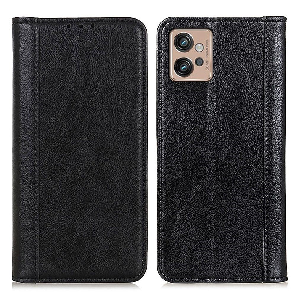 Genuine leather case with magnetic closure for Motorola Moto G32 - Black