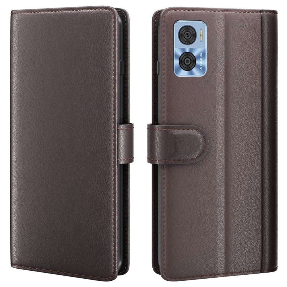 Genuine leather case with credit card slots for Motorola Moto E22 - Brown