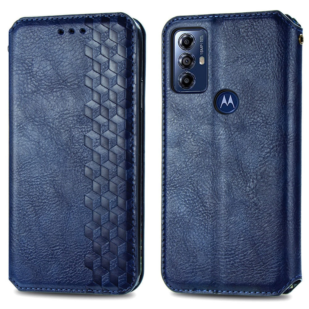 Leather case with a stylish rhombus imprint for Motorola Moto G Play (2023) - Blue
