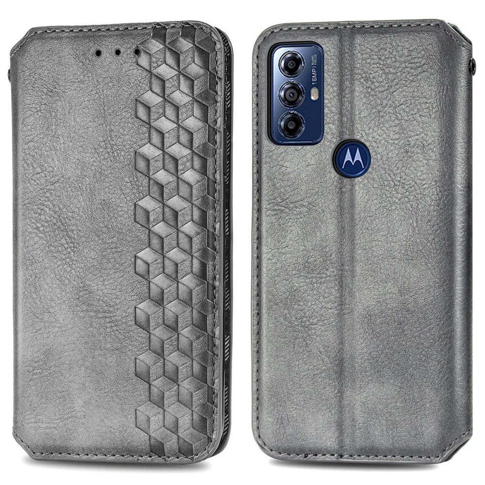 Leather case with a stylish rhombus imprint for Motorola Moto G Play (2023) - Grey