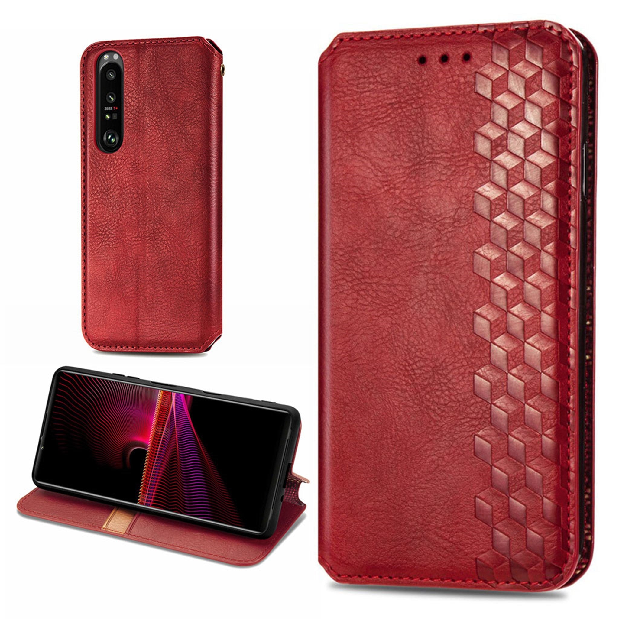 Leather case with a stylish rhombus imprint for Sony Xperia 1 III - Red