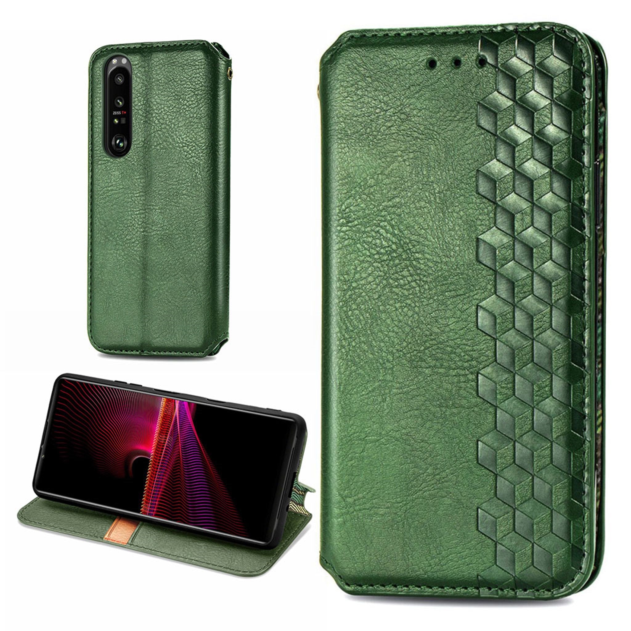 Leather case with a stylish rhombus imprint for Sony Xperia 1 III - Green