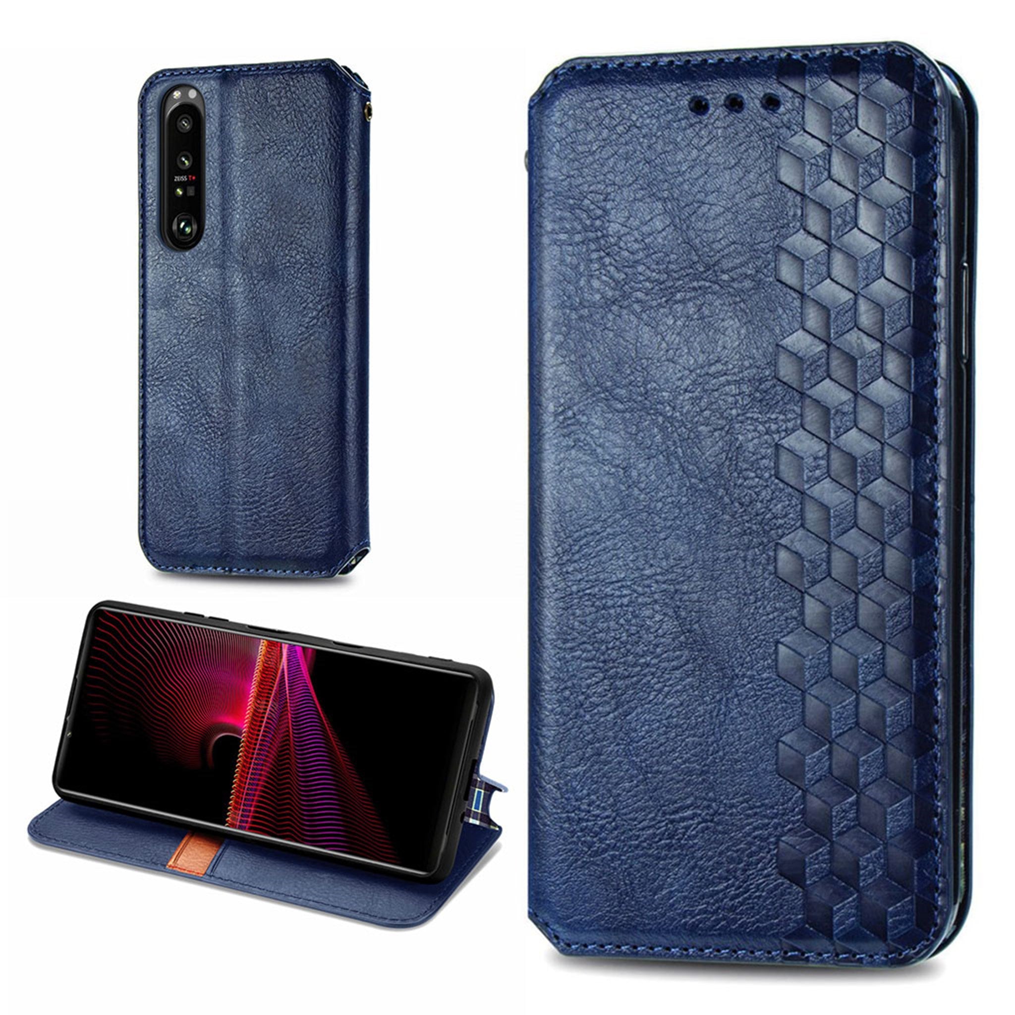 Leather case with a stylish rhombus imprint for Sony Xperia 1 III - Blue