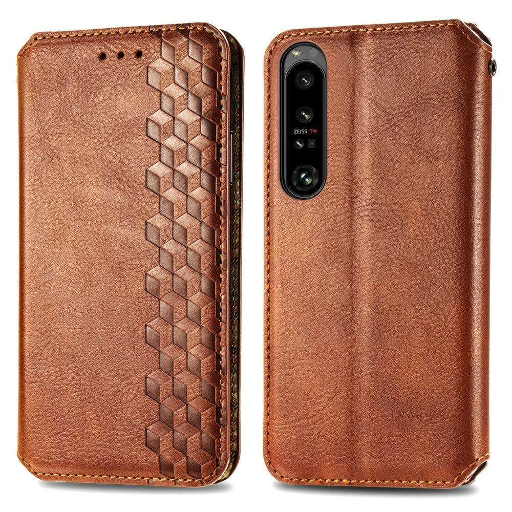 Leather case with a stylish rhombus imprint for Sony Xperia 1 IV - Brown