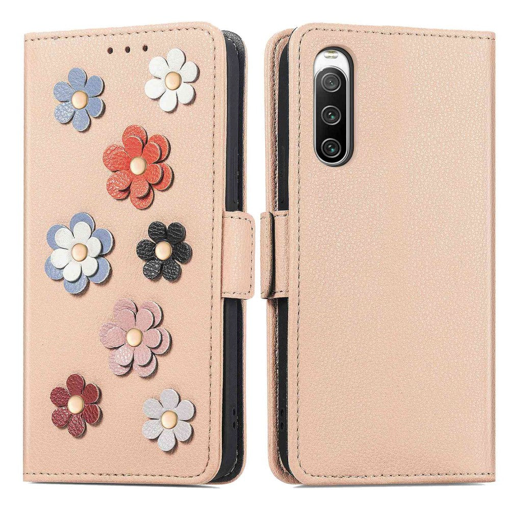 Soft flower decor leather case for Sony Xperia 10 IV - Khaki