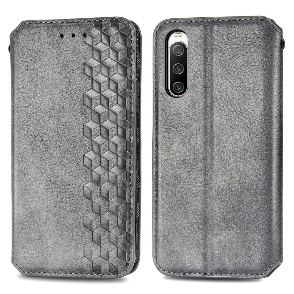 Leather case with a stylish rhombus imprint for Sony Xperia 10 IV - Grey