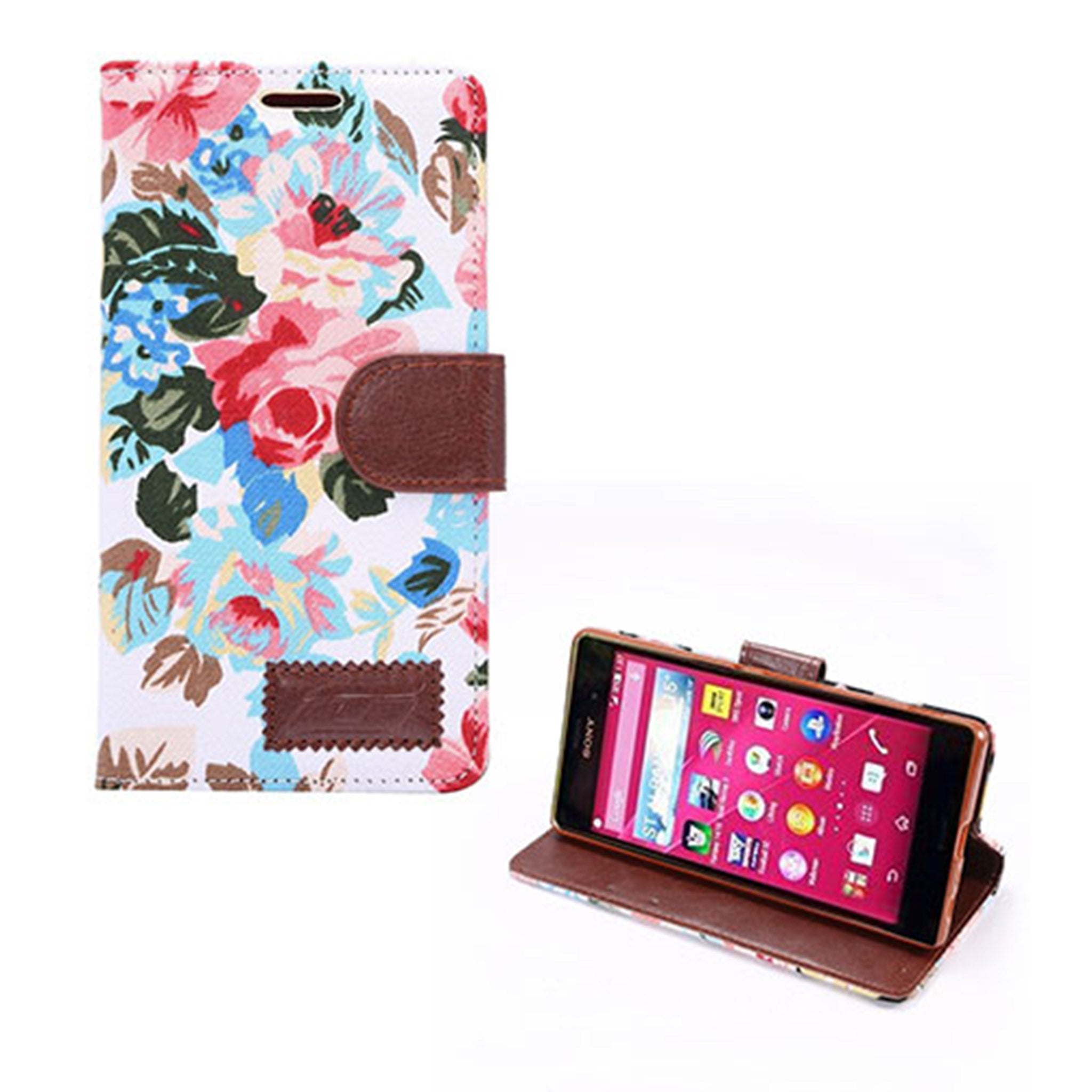 Sony Xperia Z3+ Leather Flip Case With Card Holder - White Flower Pattern