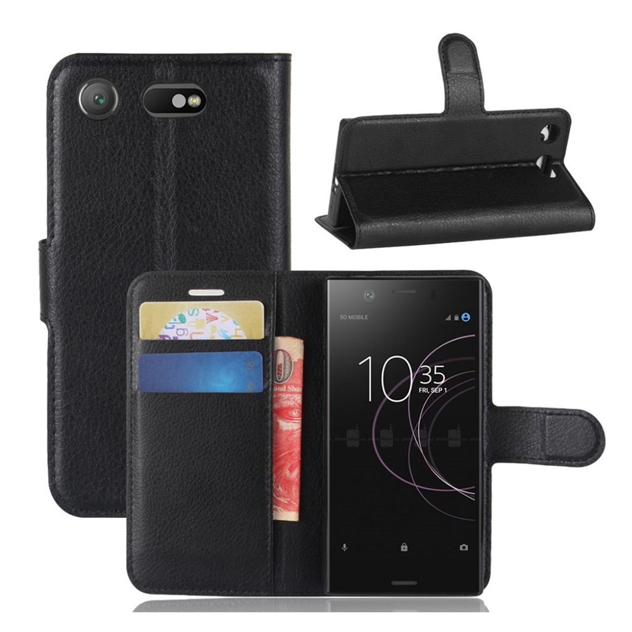 Sony Xperia XZ1 Compact litchi grain PU leather flip case - Black