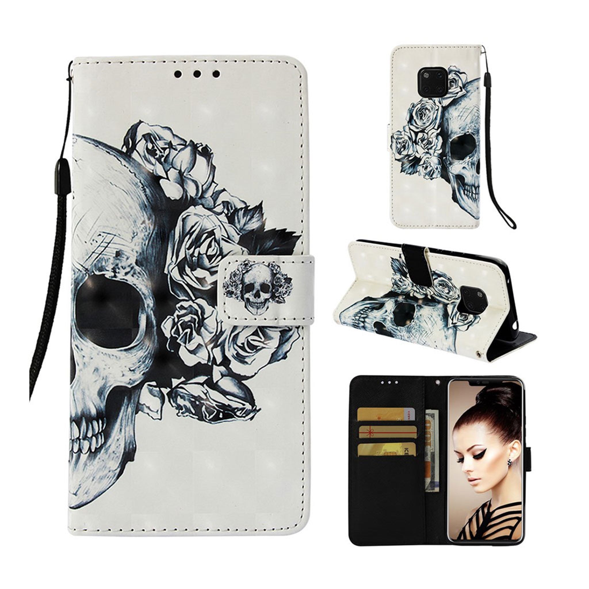 Huawei Mate 20 Pro patterned leather flip case - Skull and Rose