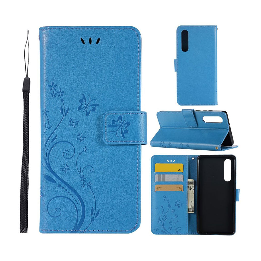 Huawei P30 imprint butterfly flower leather flip case - Blue