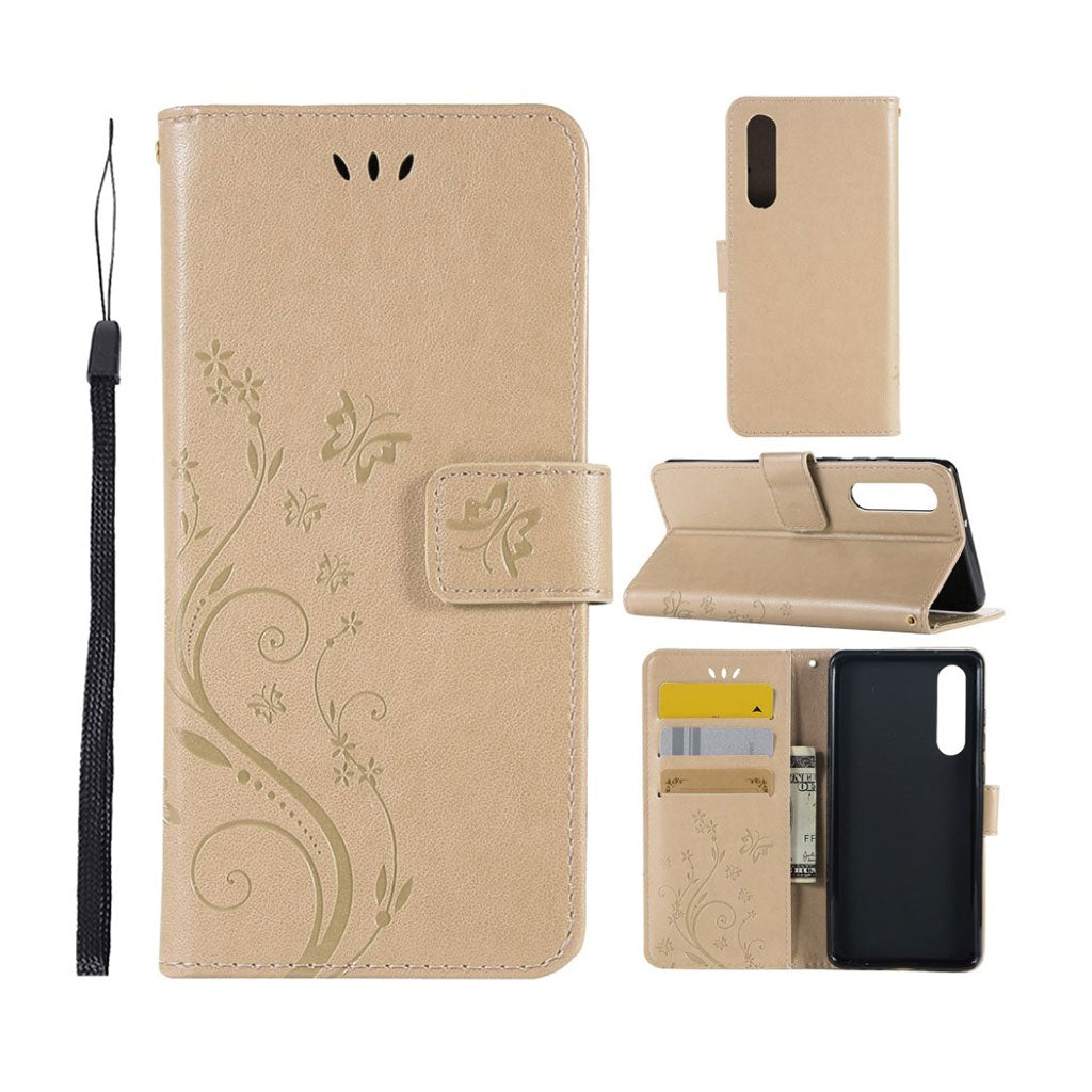 Huawei P30 imprint butterfly flower leather flip case - Gold