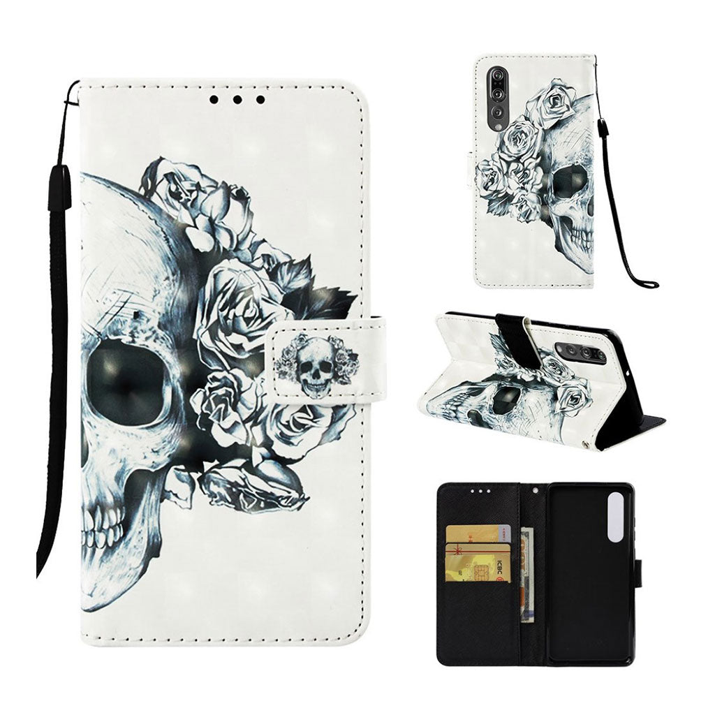 Huawei P30 light spot décor leather flip case - Rose Skull