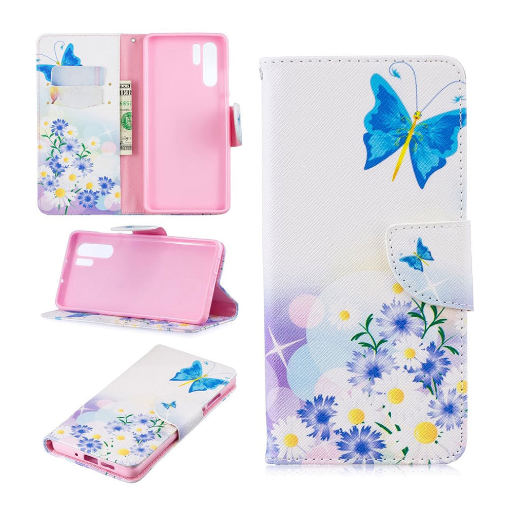 Huawei P30 Pro patterned leather flip case - Blue Butterfly and Flowers