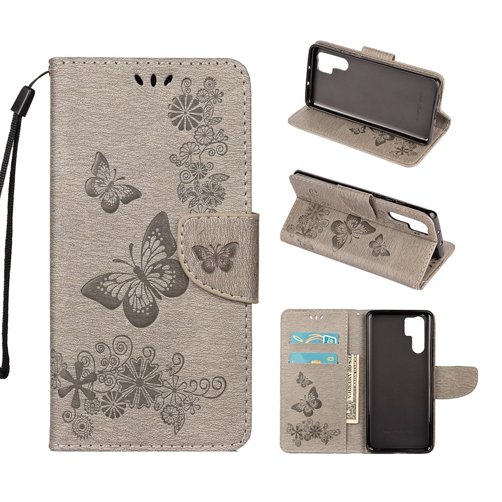 Huawei P30 Pro imprint butterfly flower leather flip case - Grey