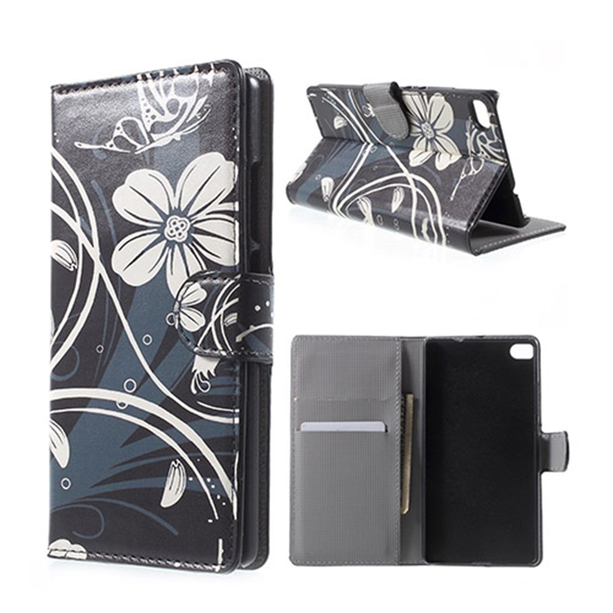 Moberg Huawei Ascend P8 Leather Case With Cardholder - Beautiful White Flowers