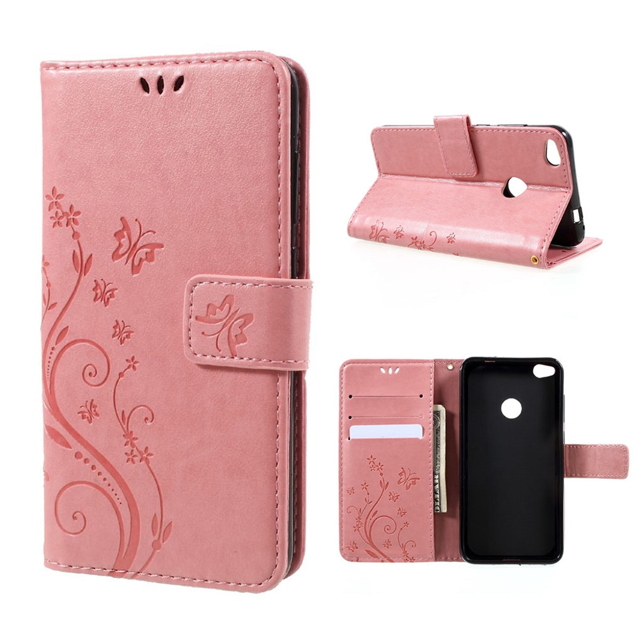 Huawei Honor 8 Lite imprinted butterflies leather flip case - Pink